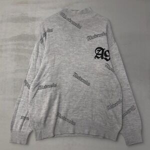 Y2K Akademiks Mock Neck Sweater Grey All Over Logo Gothic Print XL